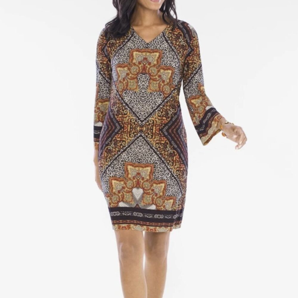 Chico's Brown Leopard Animal Print Paisley Medallion Long Sleeve V-Neck Dress